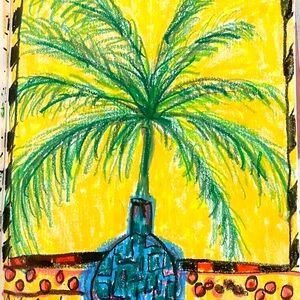 Vibrant Yellow and Green Palm Tree Art original oil pastel drawing unframed